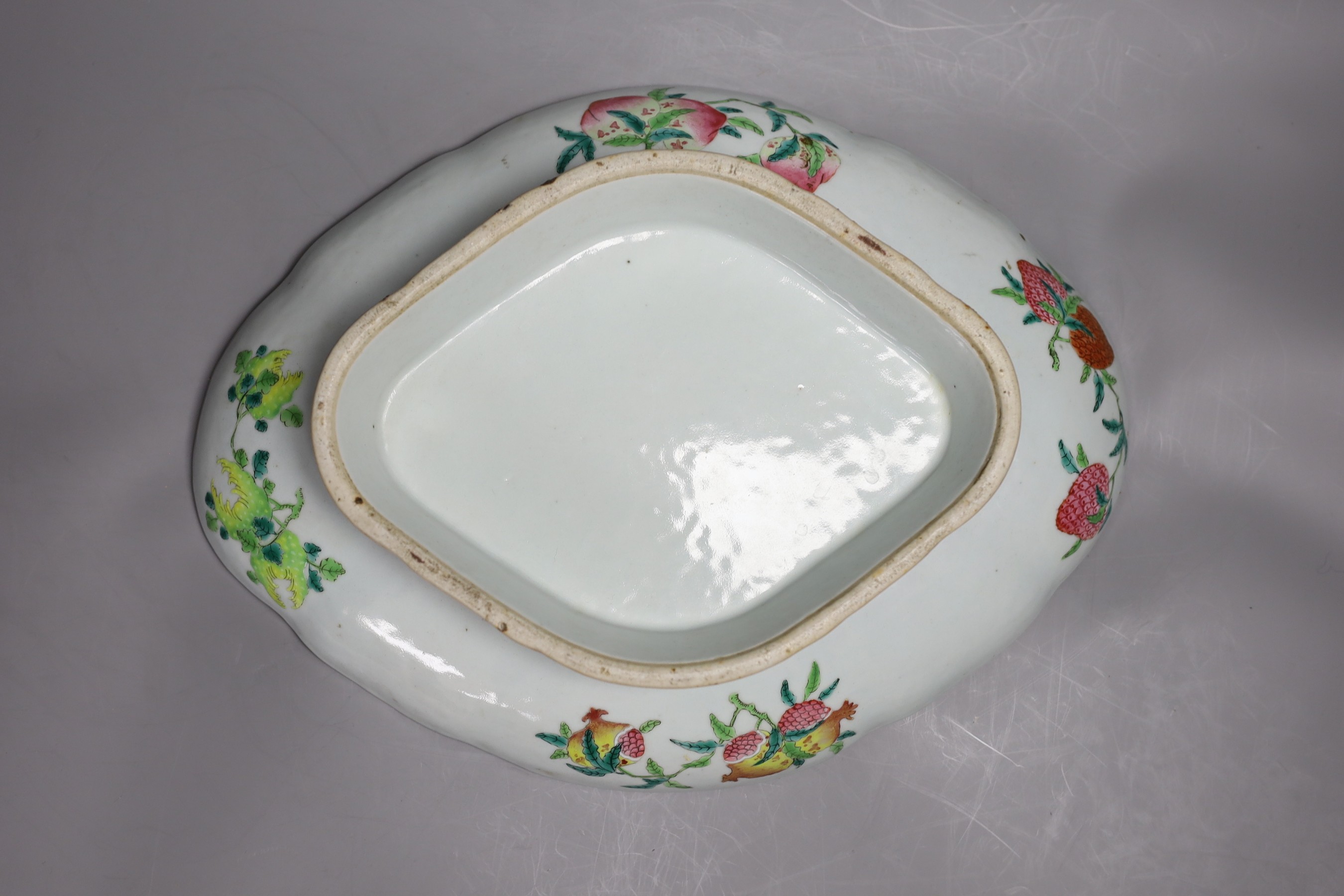 A Chinese Canton oval footed dish, 36cm wide, and a Japanese box with floral decoration and intertwining scroll hinge